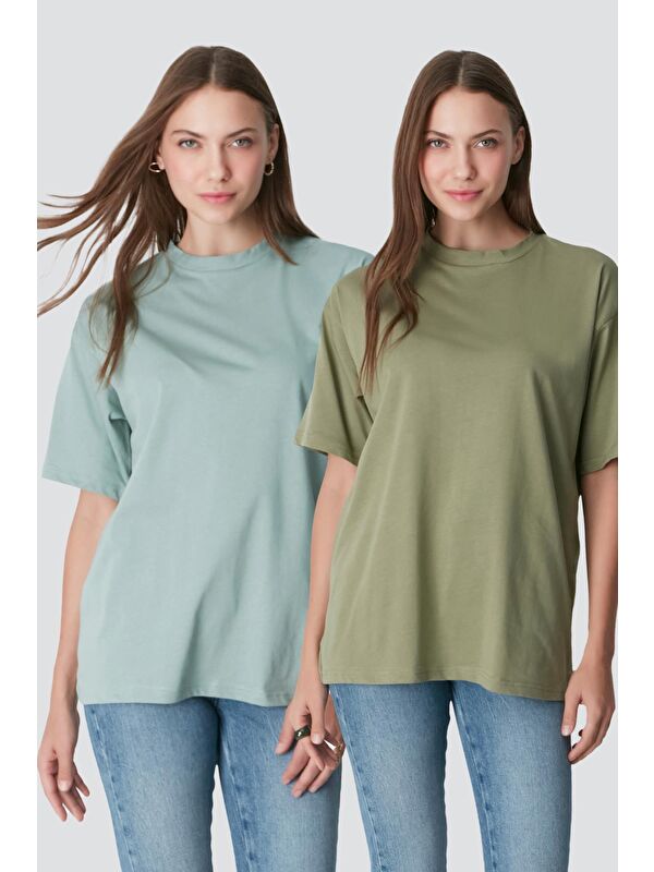 C&City Bisiklet Yaka Kısa Kol 2'Li Casual Basic T-Shirt 961 Haki/Çağla
