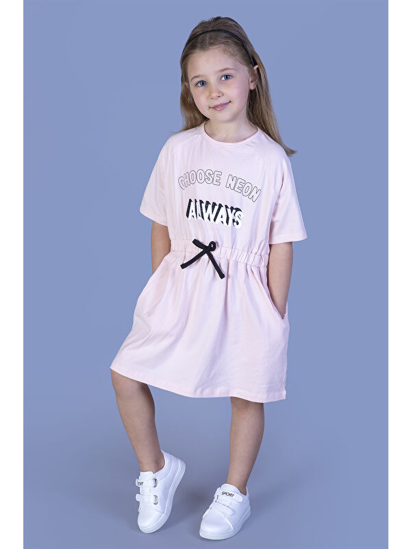 Toontoykids Kız Çocuk Baskılı Taş İşlemeli Beli Lastikli İki Yanı Cepli Elbise