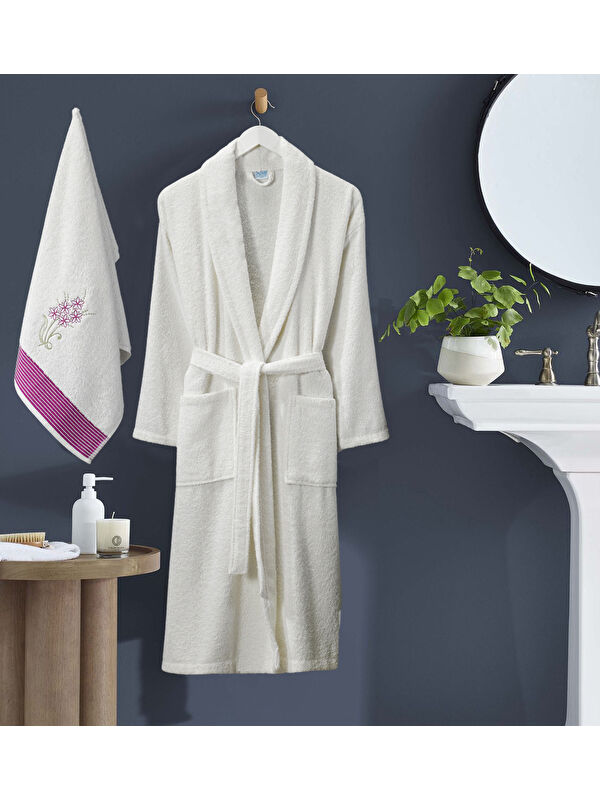 UPSTYLE Bornoz - Nakışlı Havlu Seti Cora Bayan Krem L/XL+45x85cm