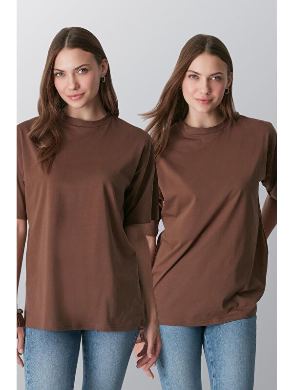 C&City Bisiklet Yaka Kısa Kol 2'Li Casual Basic T-Shirt 961 Kahverengi