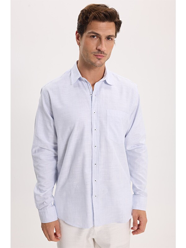 TUDORS Erkek Regular Fit Klasik Kesim Oversize %100 Pamuk Keten Doku Mavi Gömlek