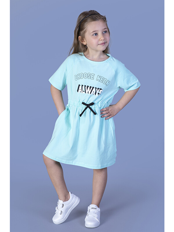 Toontoykids Kız Çocuk Baskılı Taş İşlemeli Beli Lastikli İki Yanı Cepli Elbise