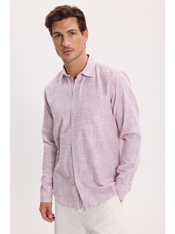 TUDORS Erkek Regular Fit Klasik Kesim Oversize %100 Pamuk Keten Doku Bordo Gömlek