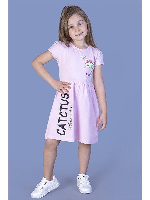 Toontoykids Kız Çocuk Cebi Meow Nakışlı Taş İşlemeli Baskılı Elbise