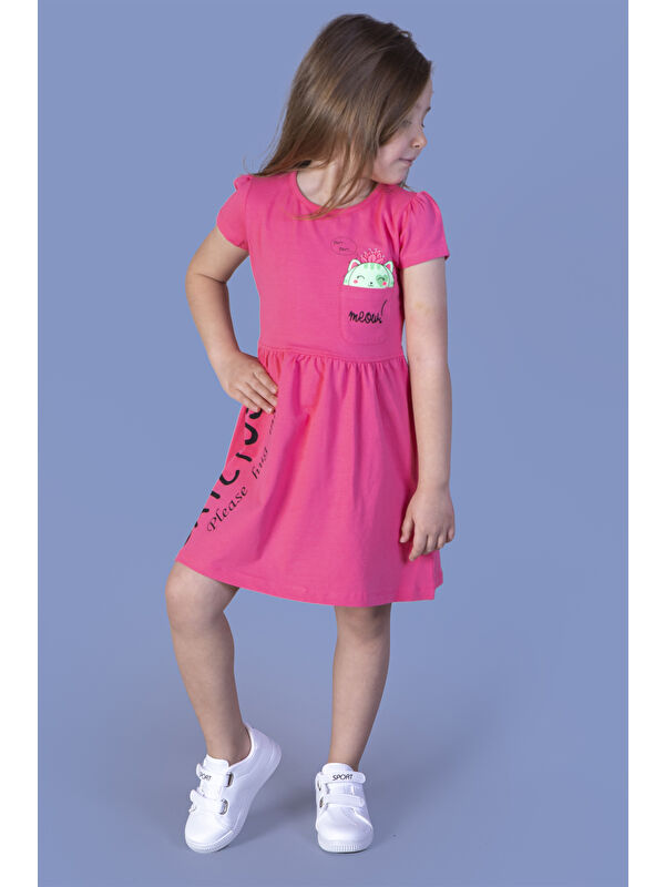 Toontoykids Kız Çocuk Cebi Meow Nakışlı Taş İşlemeli Baskılı Elbise