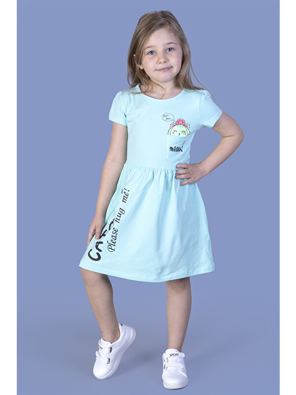 Toontoykids Kız Çocuk Cebi Meow Nakışlı Taş İşlemeli Baskılı Elbise