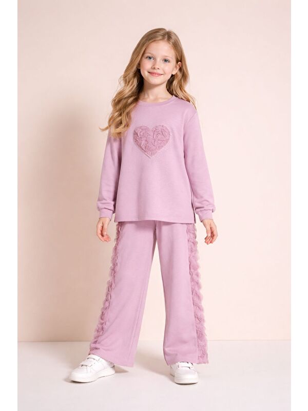 Cansın Mini Pembe Gül Detaylı Geniş Paça Pantolonlu Kız Çocuk Badili 2li Takım 23730