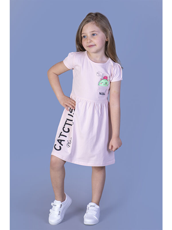 Toontoykids Kız Çocuk Cebi Meow Nakışlı Taş İşlemeli Baskılı Elbise