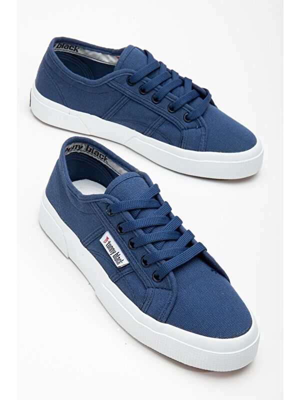 Kadın Jean Mavi Rahat Kalıp Krep Taban Bağcıklı Keten Günlük Ayakkabı - Görsel 6