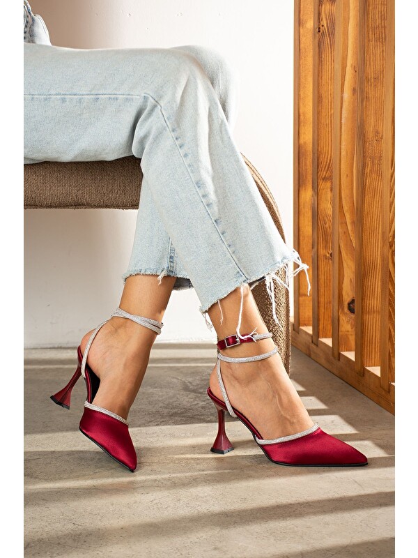 DUXAL SHOES Bordo Saten Bilekten Bağlamalı Topuklu Kadın Ayakkabı