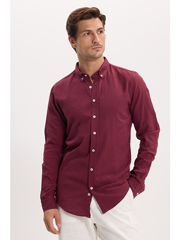 TUDORS Erkek Slim Fit Dar Kesim %100 Pamuk Düğmeli Yaka Flam Keten Bordo Gömlek