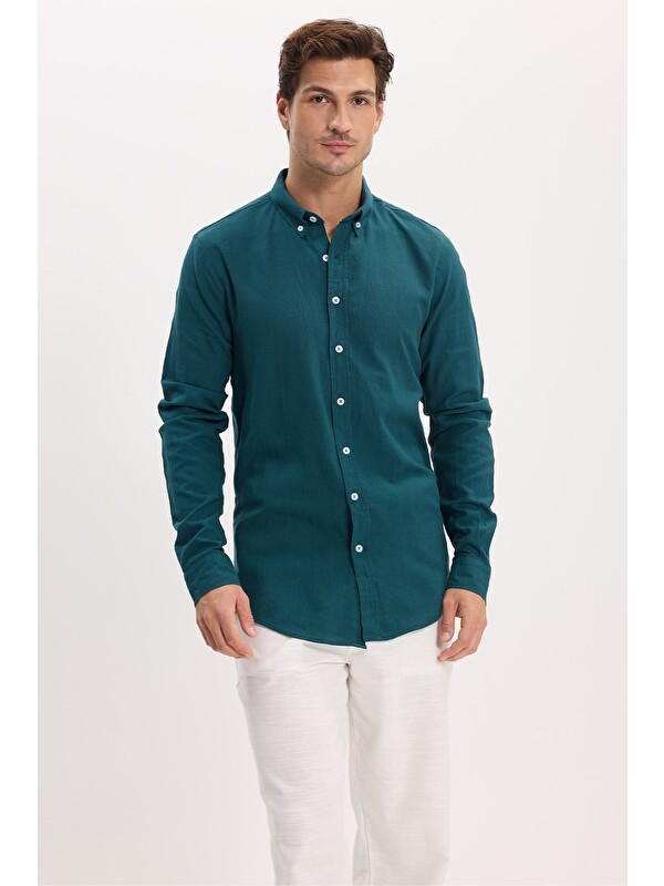TUDORS Erkek Slim Fit Dar Kesim %100 Pamuk Düğmeli Yaka Flam Keten Yeşil Gömlek