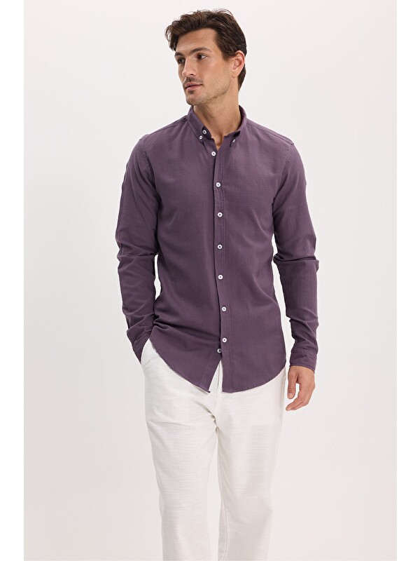 TUDORS Erkek Slim Fit Dar Kesim %100 Pamuk Düğmeli Yaka Flam Keten Mor Gömlek