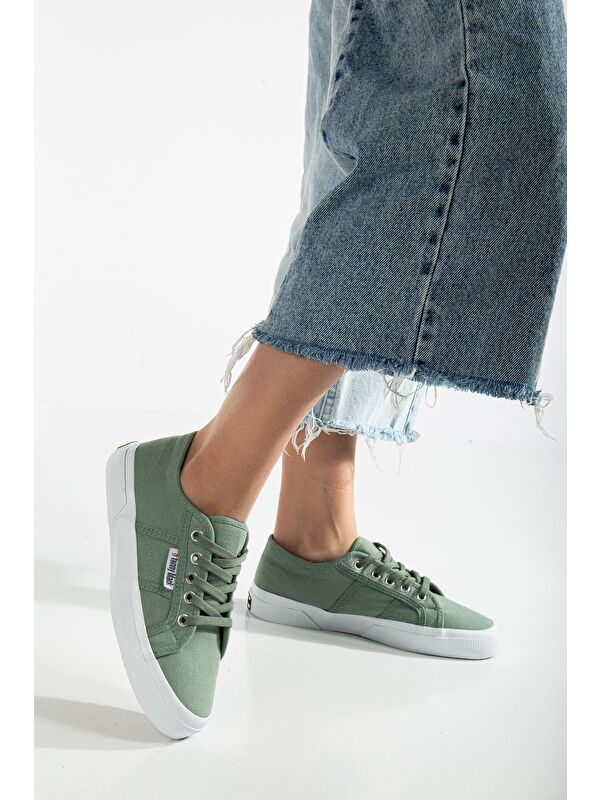 Kadın Yeşil Rahat Kalıp Krep Taban Bağcıklı Keten Günlük Ayakkabı - Görsel 3