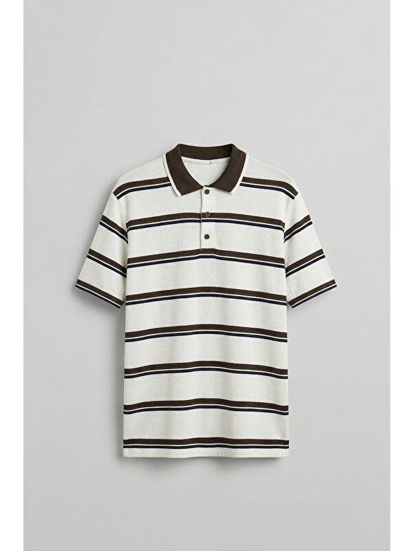 Abluka Online Erkek Regular Fit Çizgili Triko Polo Yaka T-Shirt Ekru