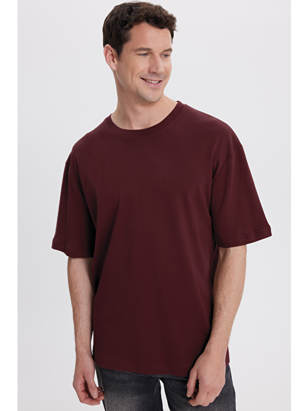 TUDORS Unisex Oversize Geniş Kesim %100 Pamuk Yumuşak Dokulu Basic Bisiklet Yaka Bordo Tişört