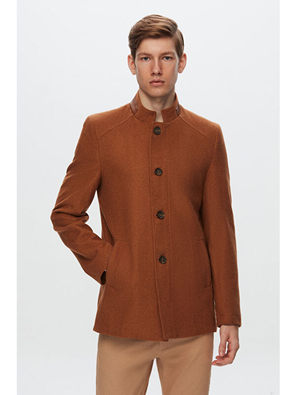 D'S damat Regular Fit Camel Dik Yaka Kaşe Kaban