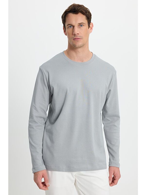 TUDORS Unisex Relax Fit Rahat Kesim %100 Pamuk Uzun Kollu Bisiklet Yaka Gri Basic Tişört