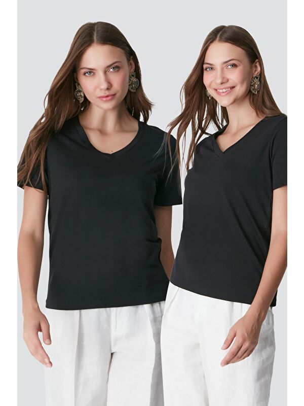 C&City V Yaka Kısa Kol 2'li Basic T-Shirt 962 Siyah