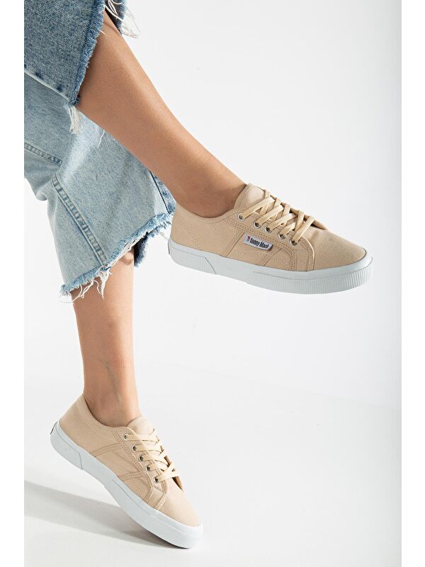 Kadın Bej Rahat Kalıp Krep Taban Bağcıklı Keten Günlük Ayakkabı - Görsel 3