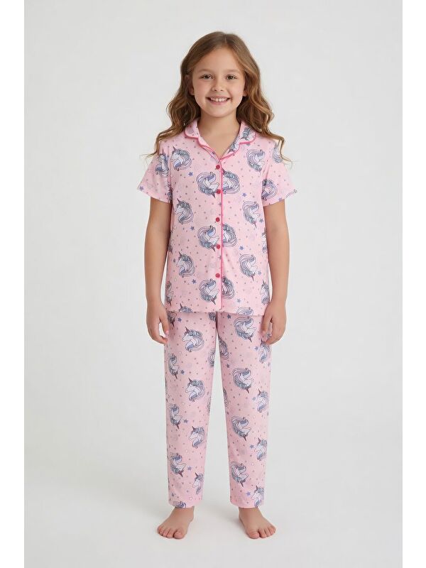Cansın Mini Pembe Desenli Kız Çocuk Göz Bantlı Pijama Takımı 24011