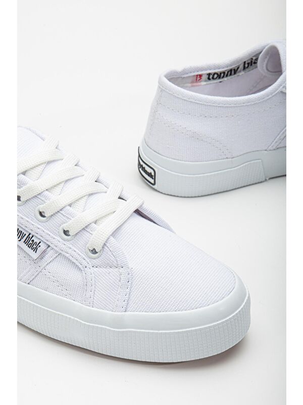 Kadın Beyaz Rahat Kalıp Krep Taban Bağcıklı Keten Günlük Ayakkabı - Görsel 5