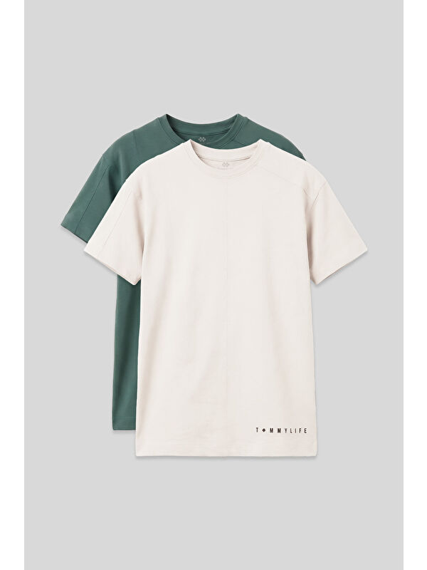 Tommylife Basic Oversize O Yaka 2li Paket Ekru-Açık Yeşil Erkek Çocuk T-Shirt - 11297