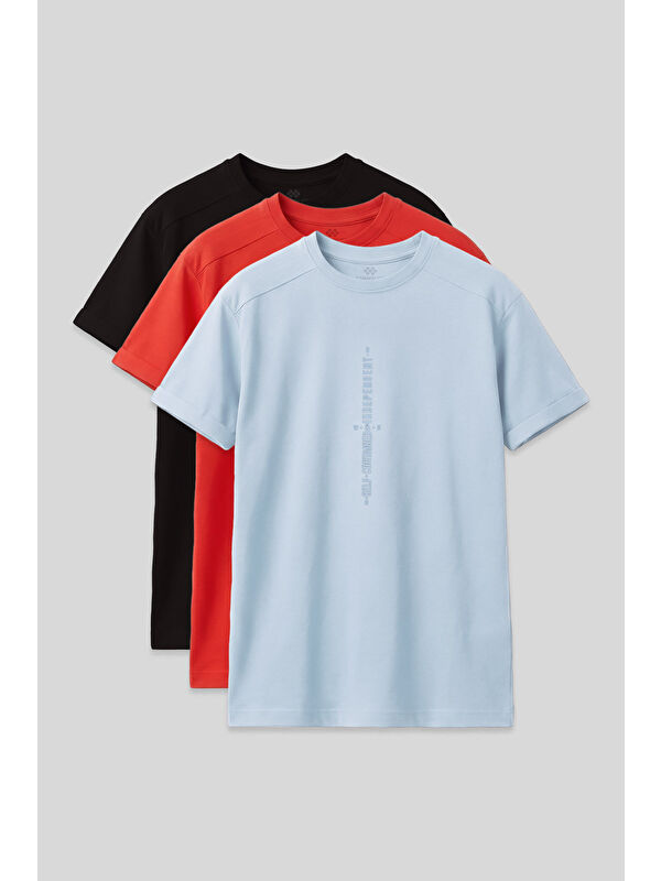 Tommylife Oversize Fit Baskılı 3lü Paket Siyah-Fiesta-Açık Mavi Erkek Çocuk T-Shirt - 11301