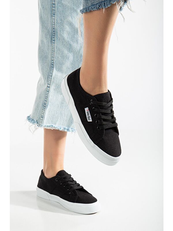 Kadın Siyah Rahat Kalıp Krep Taban Bağcıklı Keten Günlük Ayakkabı - Görsel 3