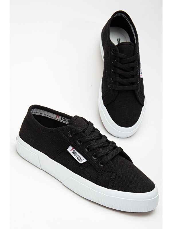 Kadın Siyah Rahat Kalıp Krep Taban Bağcıklı Keten Günlük Ayakkabı - Görsel 5