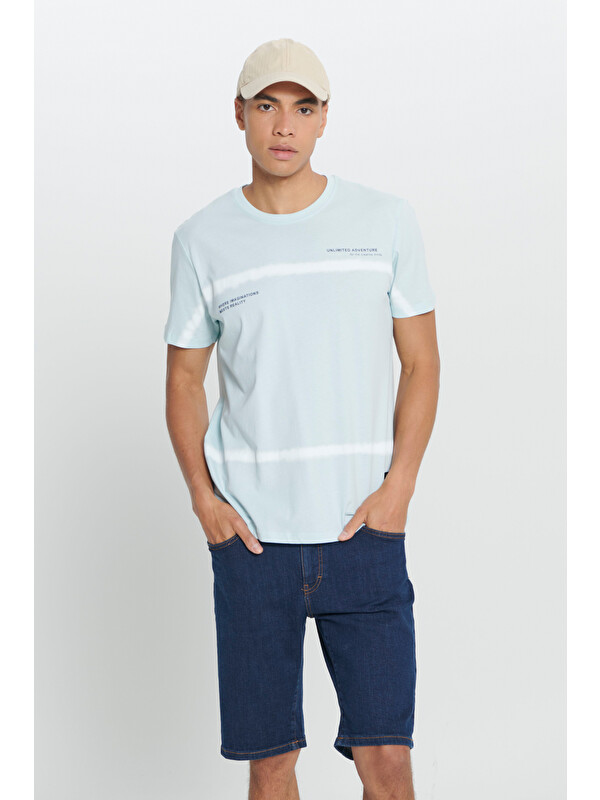 AC&Co / Altınyıldız Classics Erkek Turkuaz Standart Fit Normal Kesim %100 Pamuk Batik Desenli Bisiklet Yaka Tişört