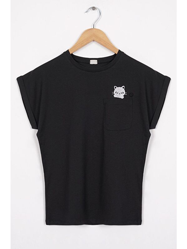 Zepkids Bisiklet Yaka Kısa Kol Cep Detaylı Simli Kedi Baskılı Siyah Renk Kız Çocuk Tshirt