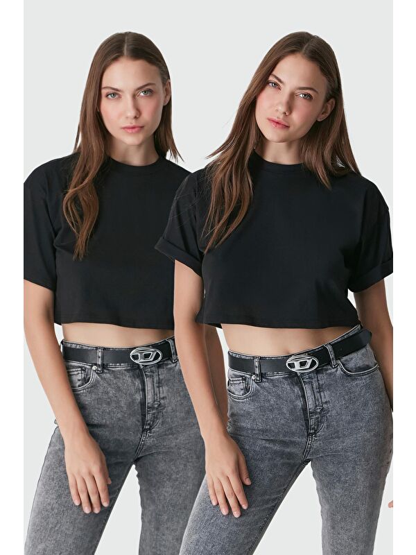 C&City Bisiklet Yaka 2'li Crop T-Shirt 959 Siyah