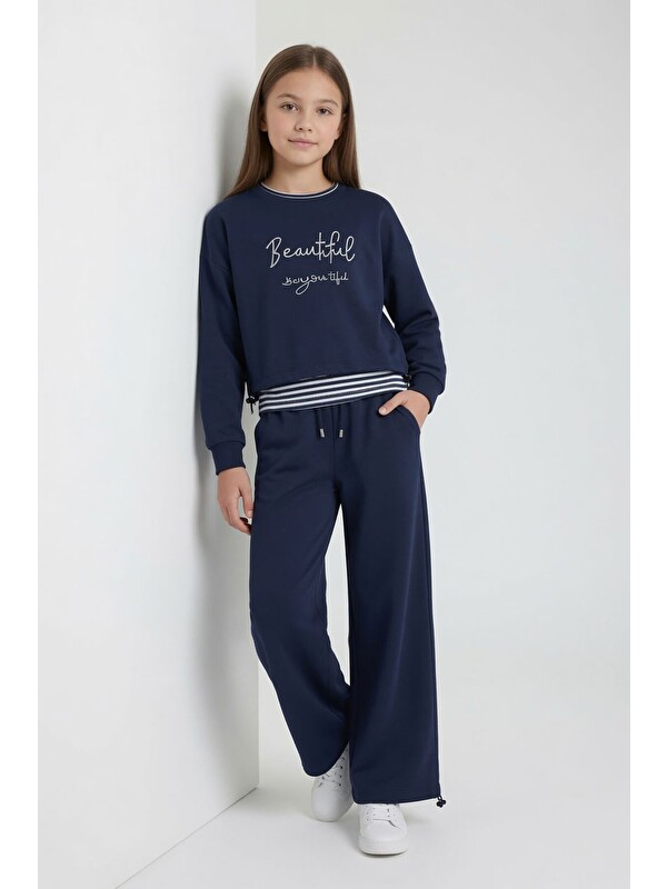 Cansın Mini Lacivert Kız Çocuk Çizgili Croplu Sweatshirt 3lü Geniş Paça Eşofman Takımı 24776