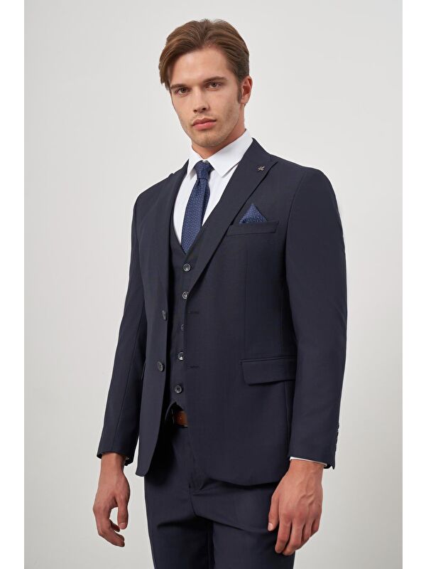 İMZA Koyu Lacivert Düz Kılıç Yaka Yelekli 6 Drop Slim Fit Classic Takım Elbise 1001245151