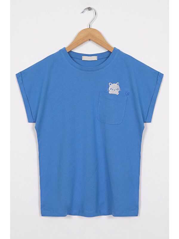 Zepkids Bisiklet Yaka Kısa Kol Cep Detaylı Simli Kedi Baskılı Indigo Renk Kız Çocuk Tshirt