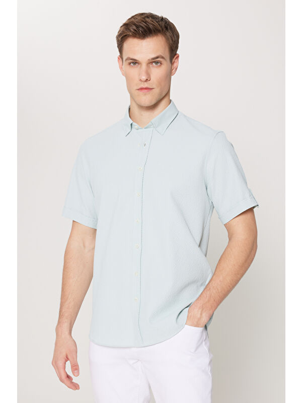 AC&Co / Altınyıldız Classics Erkek Yeşil Slim Fit Dar Kesim Gizli Düğme Yaka Kısa Kollu Gömlek