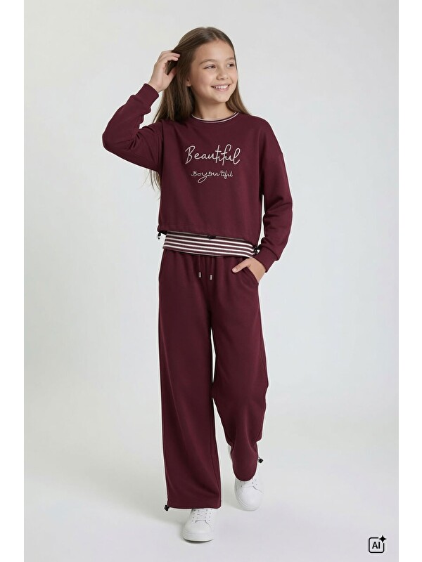 Cansın Mini Bordo Kız Çocuk Çizgili Croplu Sweatshirt 3lü Geniş Paça Eşofman Takımı 24778