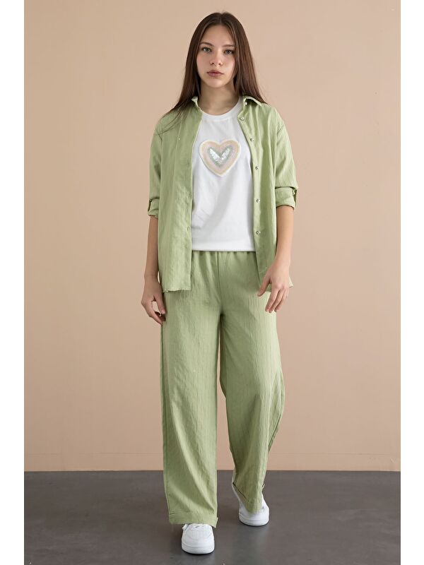 Cansın Mini Yeşil Çizgi Desen Gömlekli Geniş Paça Pantolonlu Badili Kız Çocuk 3lü Takım 24079