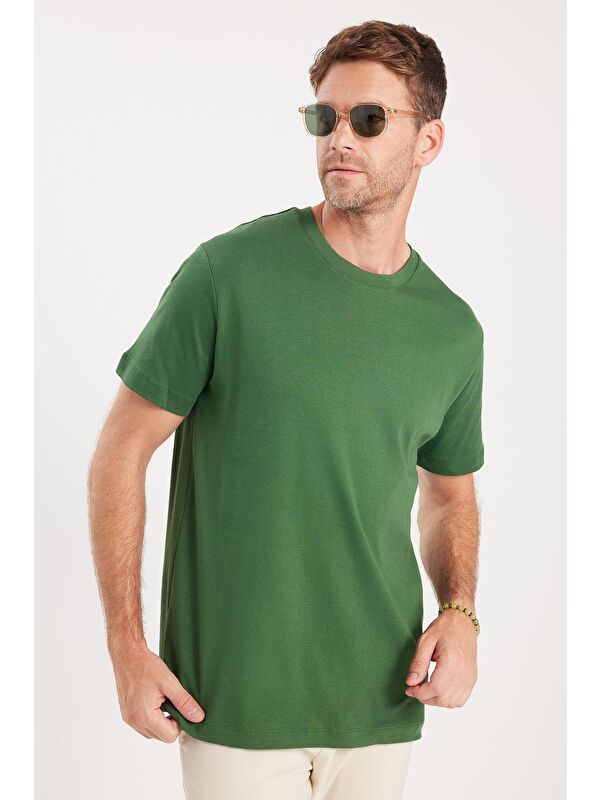 TUDORS Unisex Relax Fit Rahat Kesim %100 Pamuk Yumuşak Dokulu Hafif Kalın Koyu Yeşil Bisiklet Yaka Tişört