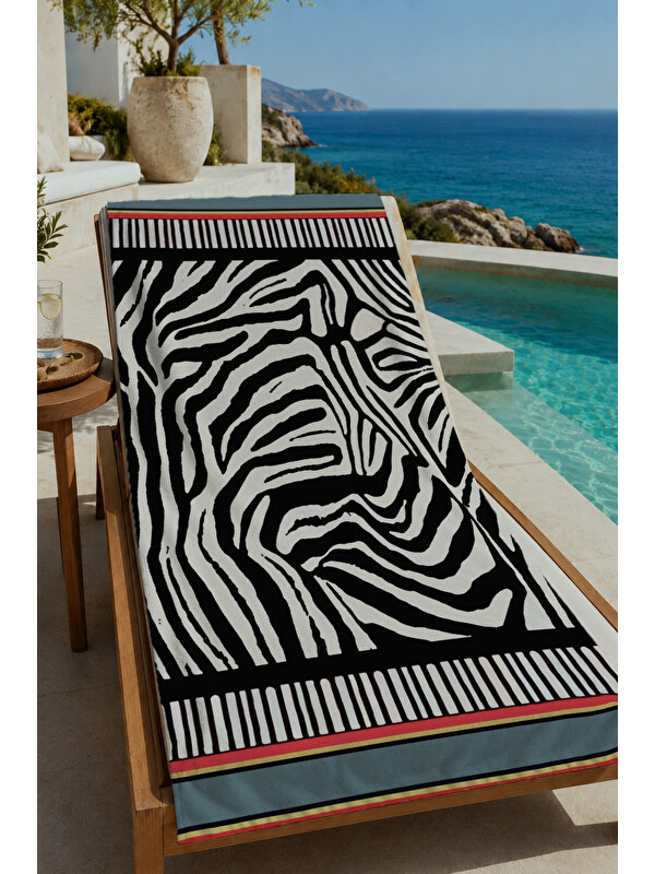 Milbay Grup Siyah Beyaz Zebra Desenli 70x150 cm Dijital Baskılı Plaj ve Banyo Havlusu