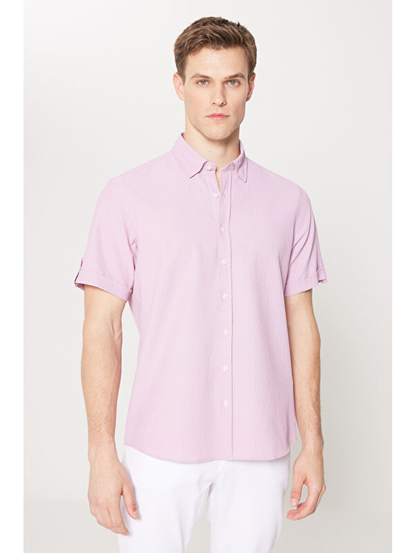 AC&Co / Altınyıldız Classics Erkek Lila Slim Fit Dar Kesim Gizli Düğme Yaka Kısa Kollu Gömlek