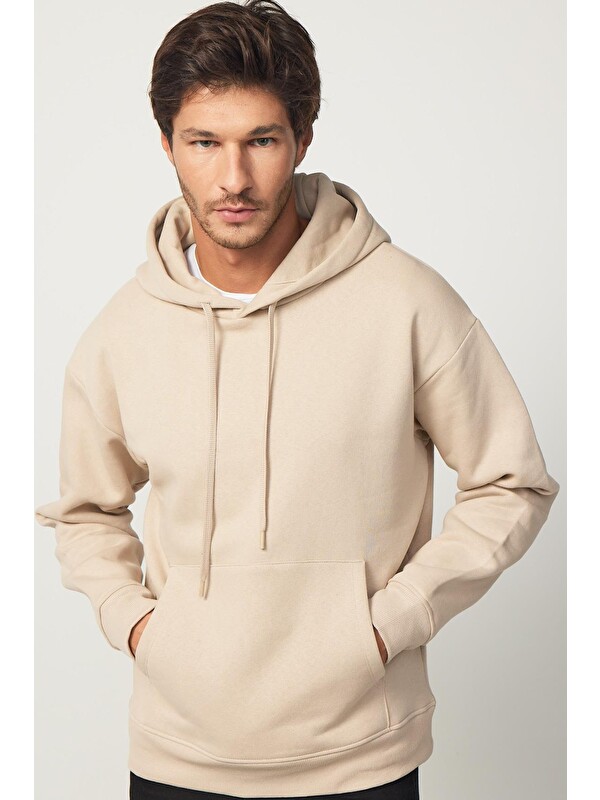 TUDORS Oversize Pamuk Kapüşonlu Basıc Taş Rengi Unisex Hoodie
