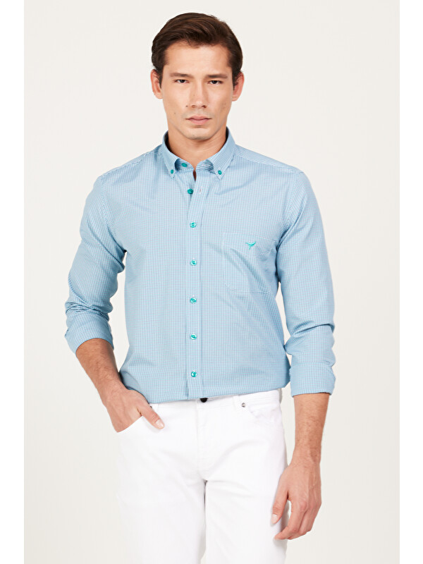 AC&Co / Altınyıldız Classics Erkek Lacivert-Yeşil Slim Fit Dar Kesim Düğmeli Yaka Logolu Cepli Pamuklu Çizgili Gömlek