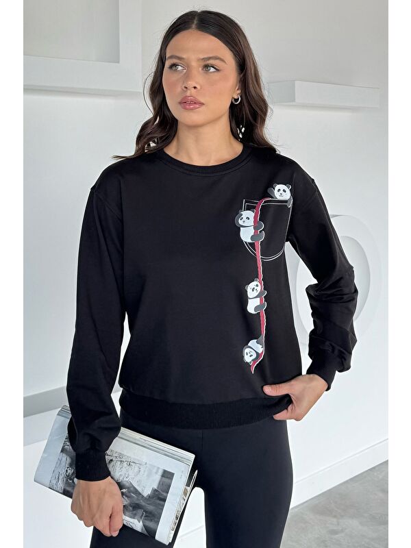 Gülseli Kadın Ön Baskılı Bisiklet Yaka Sweatshirt