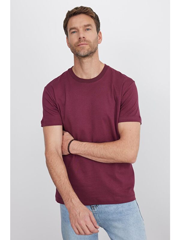 TUDORS Unisex Relax Fit Rahat Kesim %100 Pamuk Yumuşak Dokulu Hafif Kalın Bordo Bisiklet Yaka Tişört