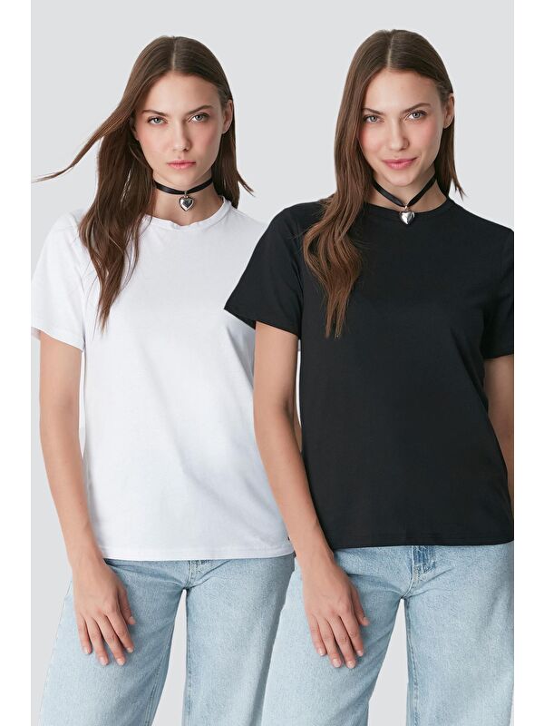 C&City Bisiklet Yaka Kısa Kol 2'li Basic T-Shirt 960 Siyah/Beyaz