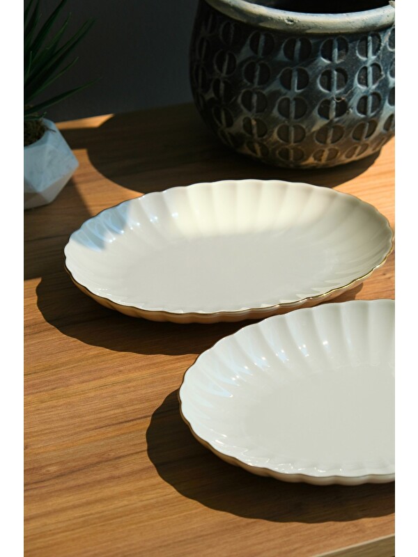 Kütahya Porselen Bone Luz Altın File Kayık Tabak 24x17cm BNLZF24KY20 2 li