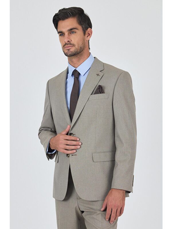 İMZA Koyu Bej Mono Yaka Astarlı Çift Yırtmaç Esnek 4 Drop Comfort Fit Classic Takım Elbise 1001250160