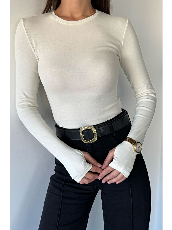 Gülseli Kadın Bisiklet Yaka Uzun Kol Elastanlı Slim Fit Body Bluz